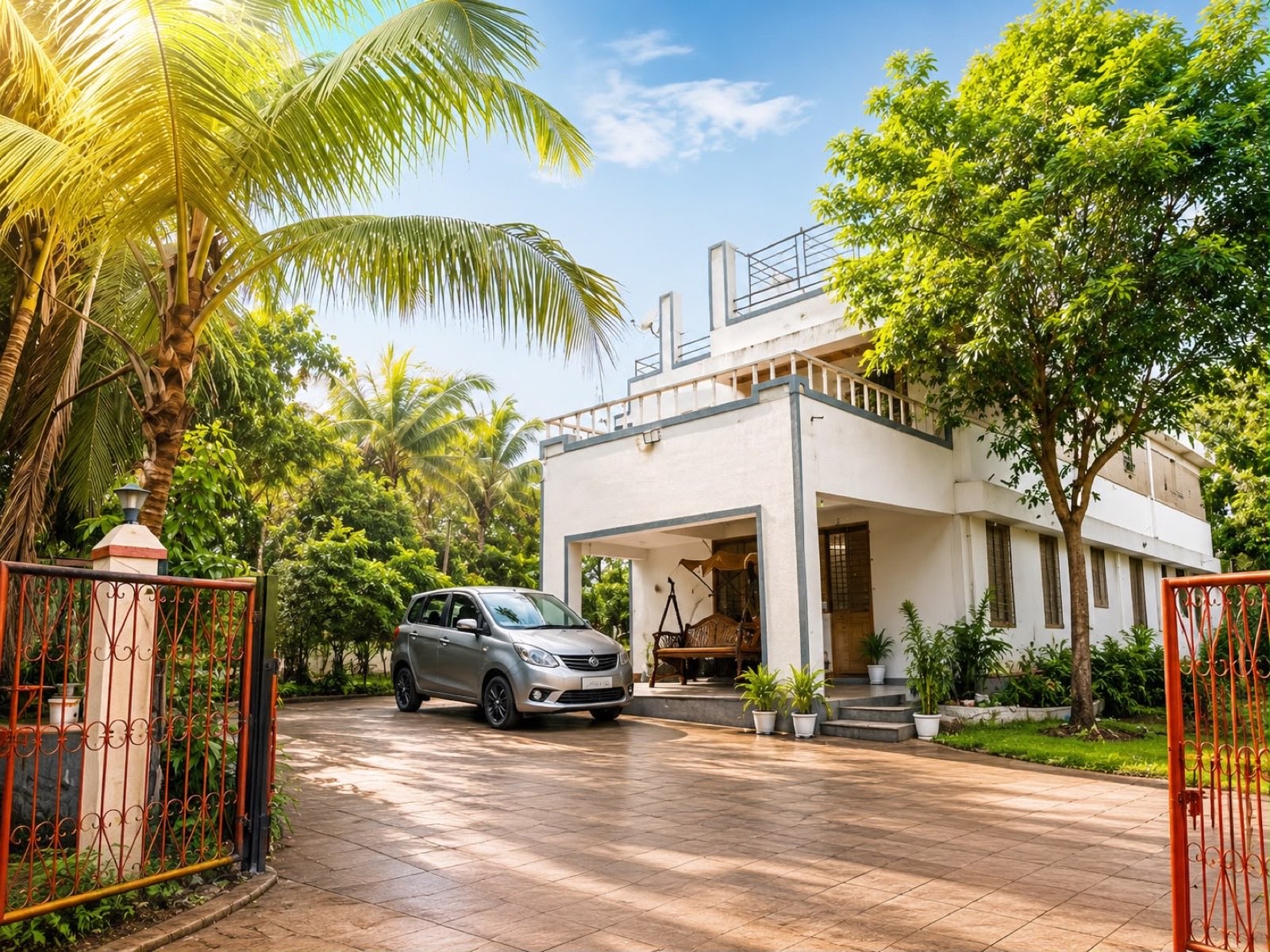 Grand Palace Villas exterior with palm trees and gated driveway